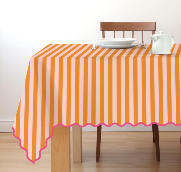 Striped Scalloped Edge Waterproof Tablecloth – Orange & Pink