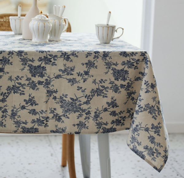 Pastoral Floral Washable Rectangle Tablecloth – Dark Blue