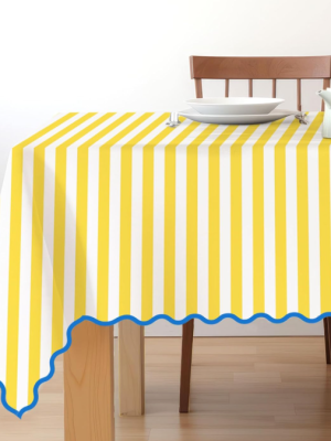 Yellow & White Striped Tablecloth with Blue Scalloped Edge