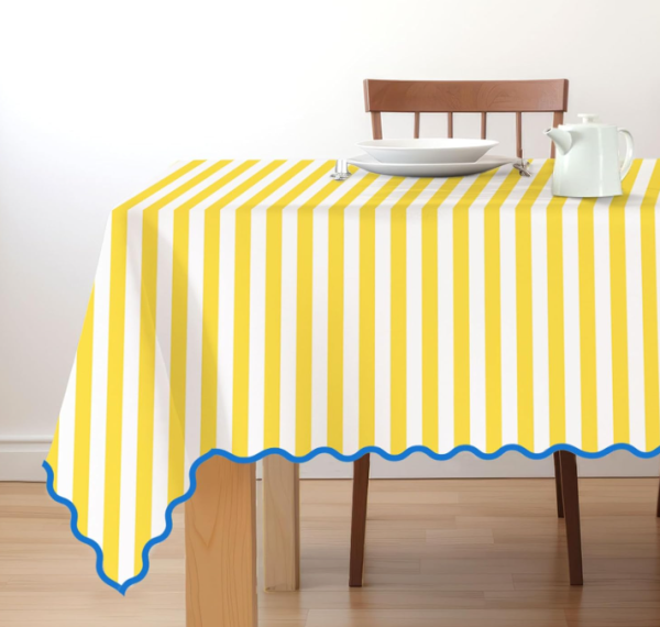 Yellow & White Striped Tablecloth with Blue Scalloped Edge