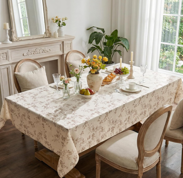 Beige Linen Farmhouse Floral Tablecloth
