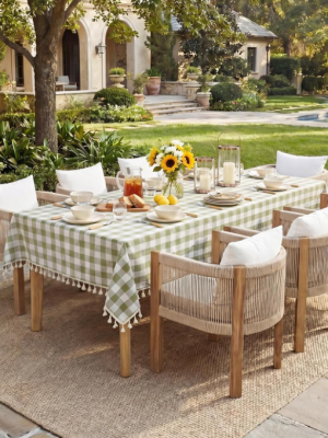 Checkered Linen Cotton Tablecloth with Tassels – Sage Green
