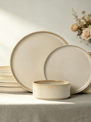 Ribbed Stoneware Dinnerware Set for 4 – Beige