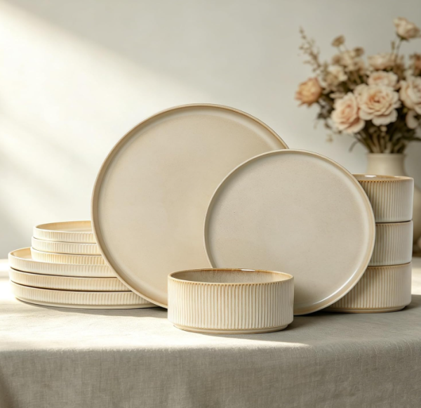 Ribbed Stoneware Dinnerware Set for 4 – Beige