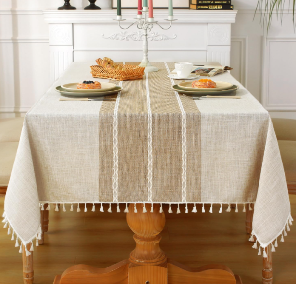 Rustic Cotton Linen Tablecloth with Tassels